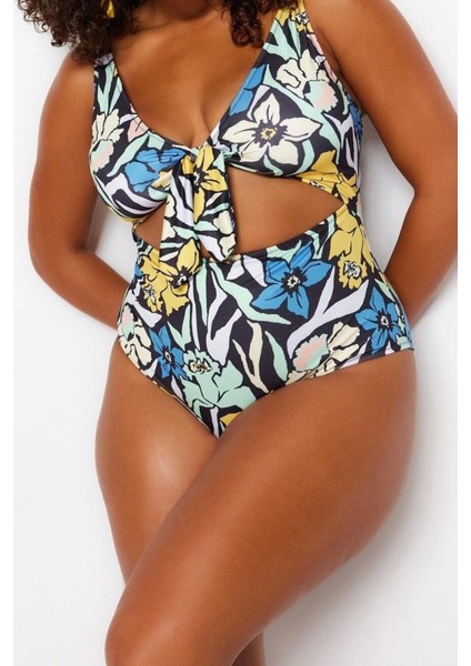 Büyük Beden Destekli Suya Dayanıklı Askılı Derin V Yaka Bağlama Detaylı Floral Desenli Mayo indirimleri