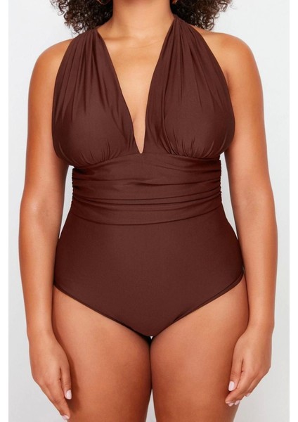 Büyük Beden Destekli Incelten Etki Askılı Derin V Yaka Kahverengi Arkası Çapraz Mayo