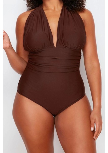 Büyük Beden Destekli Incelten Etki Askılı Derin V Yaka Kahverengi Arkası Çapraz Mayo fiyatları