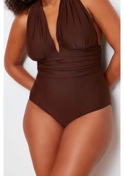 Büyük Beden Destekli Incelten Etki Askılı Derin V Yaka Kahverengi Arkası Çapraz Mayo modelleri