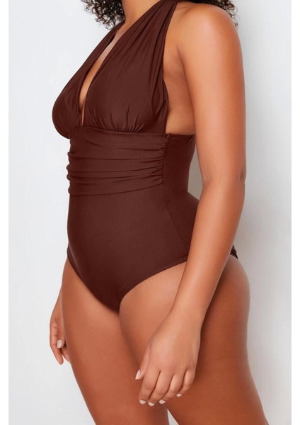 Büyük Beden Destekli Incelten Etki Askılı Derin V Yaka Kahverengi Arkası Çapraz Mayo fırsatları