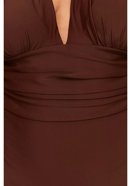 Büyük Beden Destekli Incelten Etki Askılı Derin V Yaka Kahverengi Arkası Çapraz Mayo indirimleri