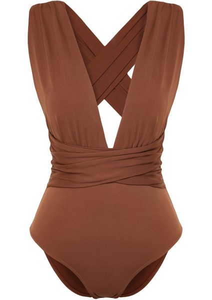 Kadın Destekli Askılı Derin V Yaka Kahverengi Derin Dekolteli Drapeli Hipster Mayo