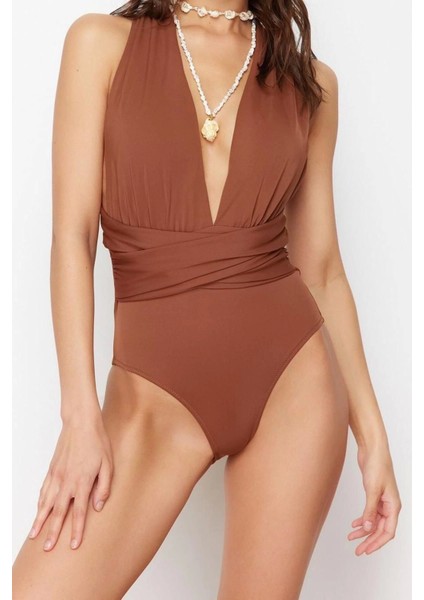 Kadın Destekli Askılı Derin V Yaka Kahverengi Derin Dekolteli Drapeli Hipster Mayo modelleri