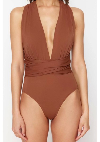 Kadın Destekli Askılı Derin V Yaka Kahverengi Derin Dekolteli Drapeli Hipster Mayo fırsatları