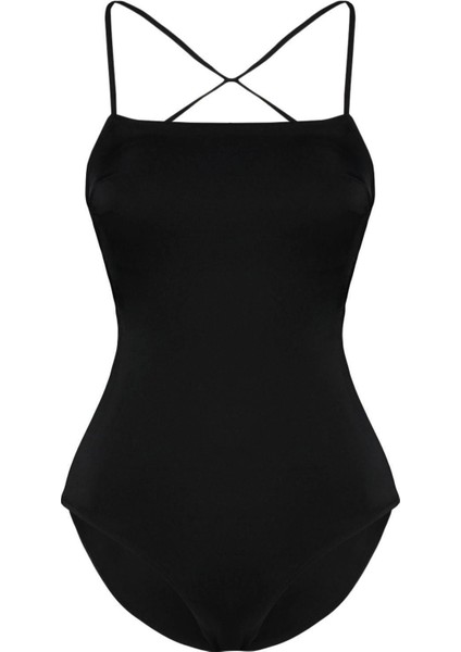 Kadın Destekli Askılı Kare Yaka Siyah Sırt Dekolteli Regular Mayo