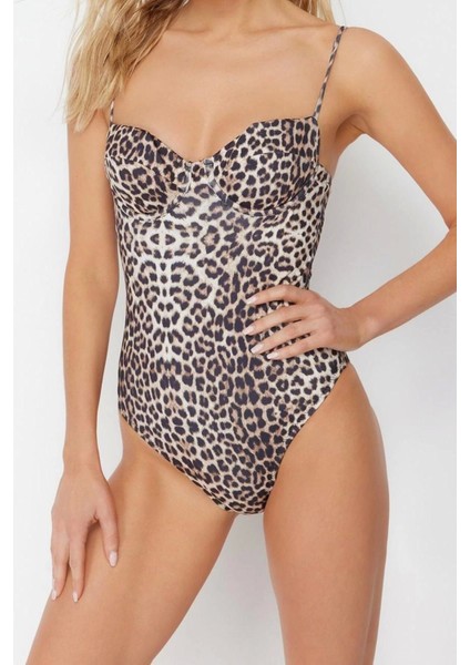 Kadın Destekli Askılı Brief Yaka Hayvan Desenli Balkonet Regular Mayo