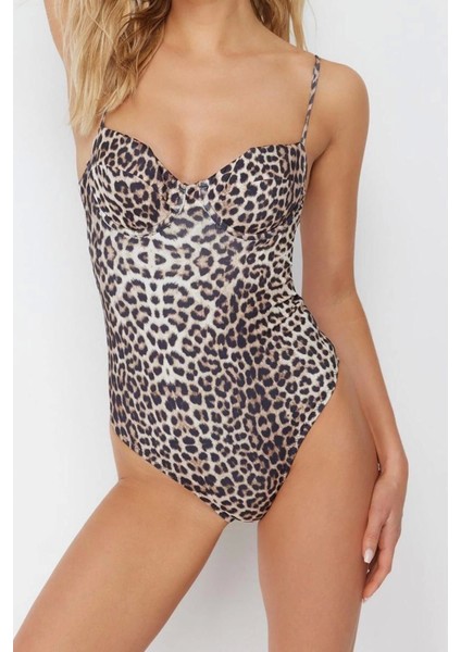 Kadın Destekli Askılı Brief Yaka Hayvan Desenli Balkonet Regular Mayo fiyatları