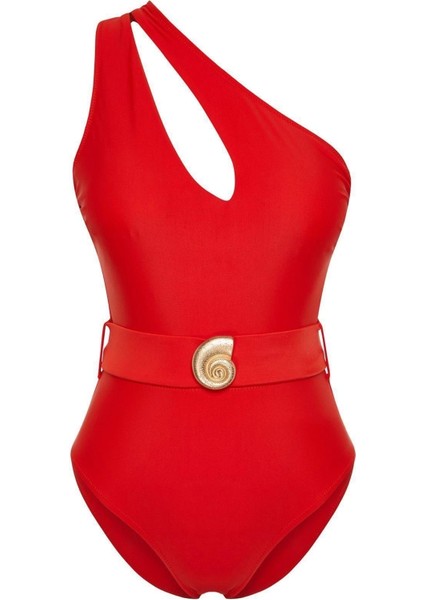 Kadın Destekli Askılı Brief Yaka Kırmızı Kemerli Tek Omuz Premium Aksesuarlı Regular Mayo