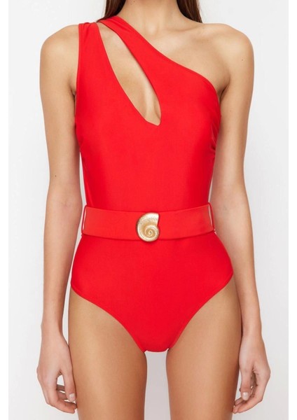 Kadın Destekli Askılı Brief Yaka Kırmızı Kemerli Tek Omuz Premium Aksesuarlı Regular Mayo fiyatları