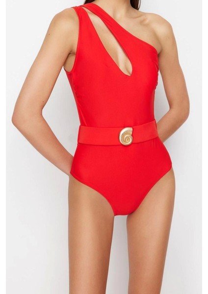 Kadın Destekli Askılı Brief Yaka Kırmızı Kemerli Tek Omuz Premium Aksesuarlı Regular Mayo fırsatları
