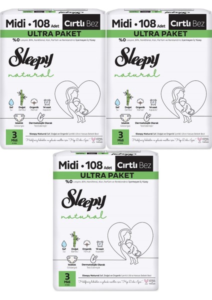 Bebek Bezi Natural Beden:3 (4-9kg) Midi 324 Adet Aylık Ultra Pk