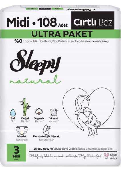 Bebek Bezi Natural Beden:3 (4-9kg) Midi 324 Adet Aylık Ultra Pk