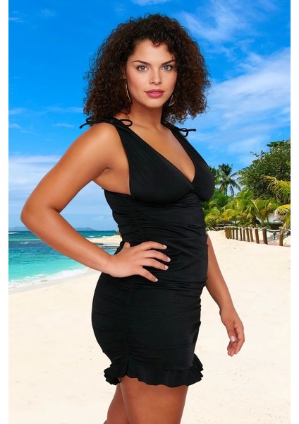 Konforlu Modern Derin V Yaka Büyük Beden Mayo Plus Size Klora Dayanıklı Rahat Kesim