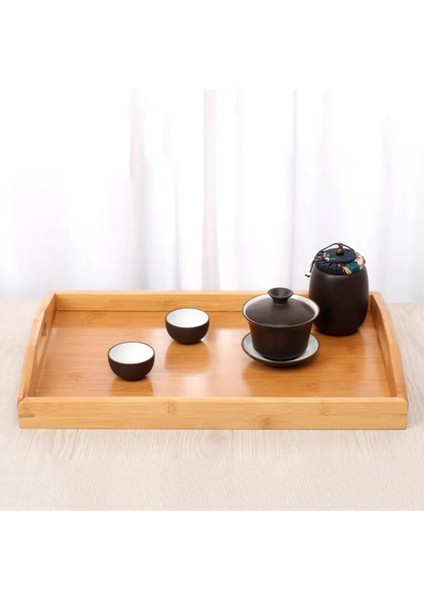 cm Kulplu Bambu Ahşap Dikdörtgen Çay Kahve Servis Lüx Sunum Tepsi 33X22 cm
