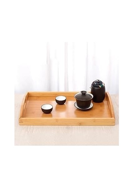 cm Kulplu Bambu Ahşap Dikdörtgen Çay Kahve Servis Lüx Sunum Tepsi 33X22 cm