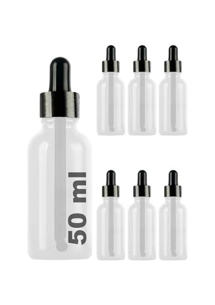50 ml Metal Kapaklı Damlalık Dropper Şişesi Serum 50 cc Cam Şişe 6 Adet (Siyah Kapak, Şeffaf)