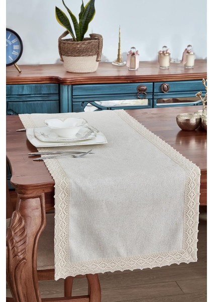 Keten Pamuk Dantelli Runner 50X130 cm Linen Kumaş Masa Örtüsü Sehpa Leke Tutmaz Mutfak Bej