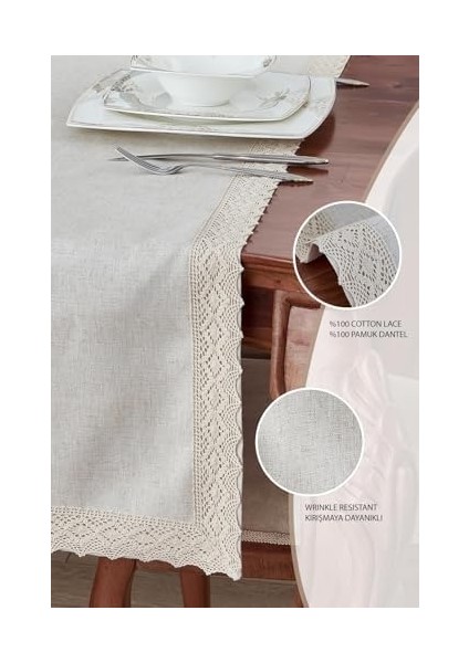 Keten Pamuk Dantelli Runner 50X130 cm Linen Kumaş Masa Örtüsü Sehpa Leke Tutmaz Mutfak Bej