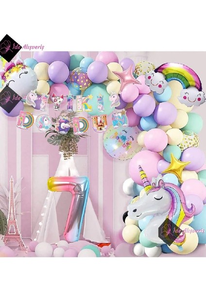 7 Yaş Karakterli Unicorn Temalı Iyi Ki Doğdun Makaron Balon Doğum Günü Parti Kutlama Seti BMCNM348