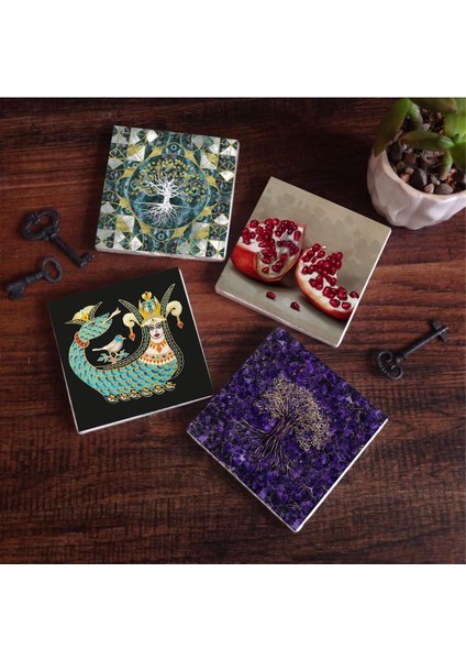 Hayat Ağacı, Şahmeran, Nar Taş Bardak Altlığı Seti - 4 Parça - Dekoratif, Rustik Mutfak Aksesuarı, 10X10 Cm, Kaydırmaz Tabanlı, Şık ve Dayanıklı SC483