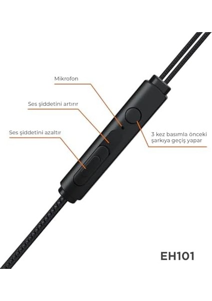 EH101 3.5mm Jack Girişli Gürültü Önleyici Mikrofon Ses Ayarı Panelli Stereo Hd Mikrofon Yüksek Çözünürlüklü Geniş Uyumluluk Ses Spor Iş Kulak Içi Mikrofonlu Kulaklık Siyah