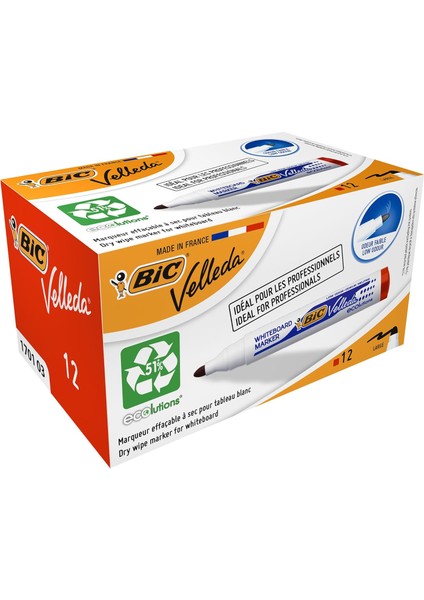 Velleda 1701 Eco Yuvarlak Uçlu Beyaz Tahta Kalemi, Kırmızı, 12'li Kutu, Kolay Silinebilen Mürekkep, Sabit Yuvarlak Uç