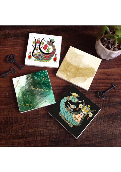 Soyut Sanat, Şahmeran Taş Bardak Altlığı Seti - 4 Parça - Dekoratif, Rustik Mutfak Aksesuarı, 10X10 Cm, Kaydırmaz Tabanlı, Şık ve Dayanıklı SC285
