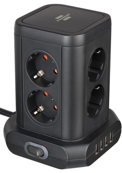 Priz Kulesi, 8 Bölmeli, Usb'li, Tüv Süd Sertifikalı (8 Bölmeli Priz Bloğu, 4 x Usb, Siyah, 2 M Kablo)