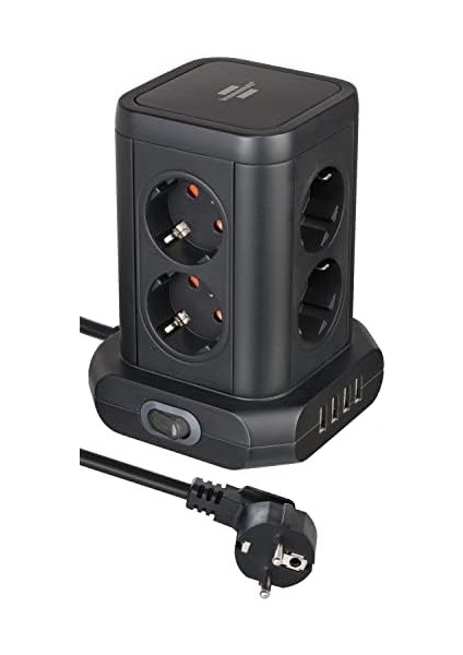 Priz Kulesi, 8 Bölmeli, Usb'li, Tüv Süd Sertifikalı (8 Bölmeli Priz Bloğu, 4 x Usb, Siyah, 2 M Kablo)