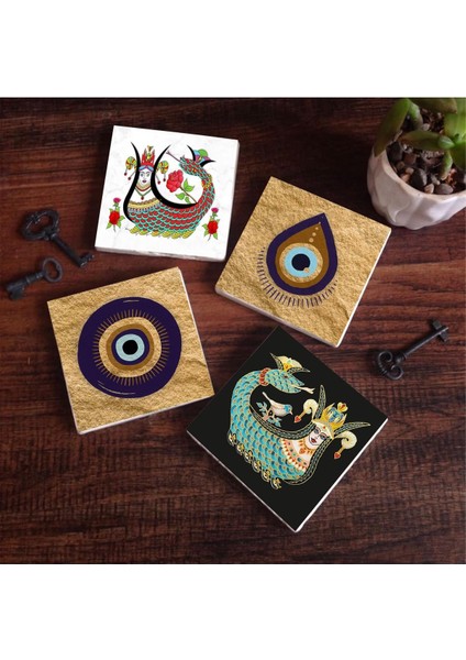 Nazar, Şahmeran Taş Bardak Altlığı Seti - 4 Parça - Dekoratif, Rustik Mutfak Aksesuarı, 10X10 Cm, Kaydırmaz Tabanlı, Şık ve Dayanıklı SC526