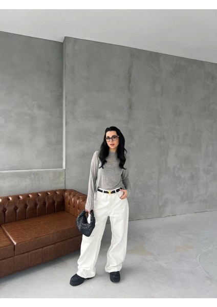 Bisiklet Yaka Uzun Kollu Crop - Gri