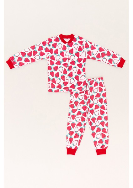 %100 Pamuk Çilek Baskılı Çıtçıtlı Kız Çocuk Pijama Takımı