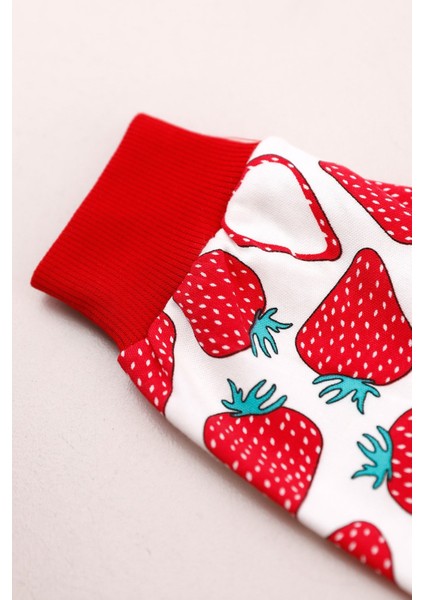 %100 Pamuk Çilek Baskılı Çıtçıtlı Kız Çocuk Pijama Takımı