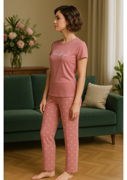Kadın Pijama Takımı Shine Bright Baskılı Pembe Desenli Rahat Kesim fiyatları