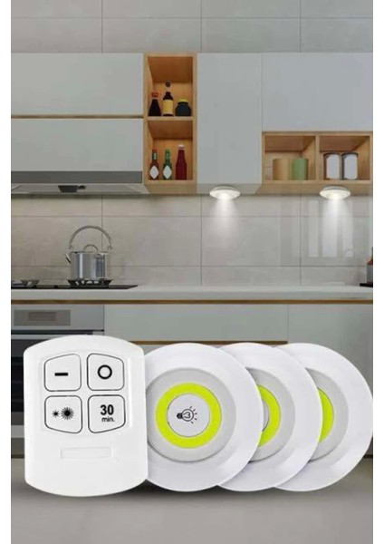 Yapışkanlı 3'lü Spot LED Işık Lamba Montajsız Pilli Uzaktan Kumandalı modelleri