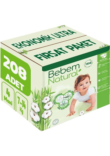 Bebem Bebek Bezi Natural Beden:4 (7-14KG) Maxi 208 Adet Ekonomik Ultra Fırsat Pk