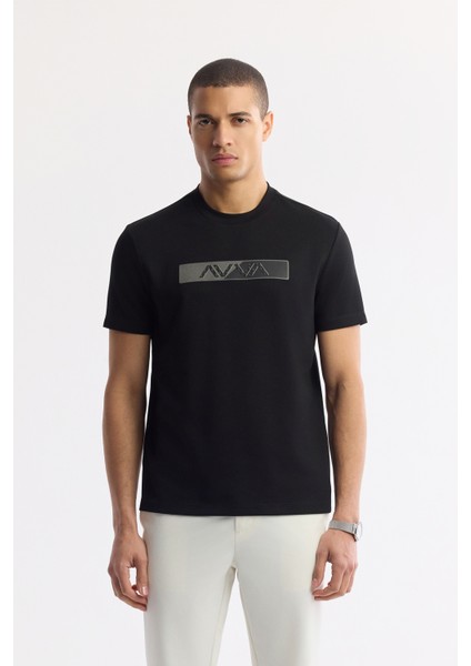 Erkek Siyah Bisiklet Yaka Baskılı Interlok T-Shirt A51Y1089