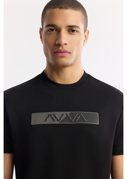 Erkek Siyah Bisiklet Yaka Baskılı Interlok T-Shirt A51Y1089