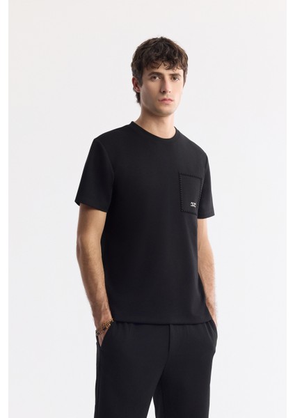 Erkek Siyah Bisiklet Yaka Gofre Baskı Detaylı Interlok T-Shirt A51Y1161