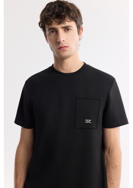 Erkek Siyah Bisiklet Yaka Gofre Baskı Detaylı Interlok T-Shirt A51Y1161