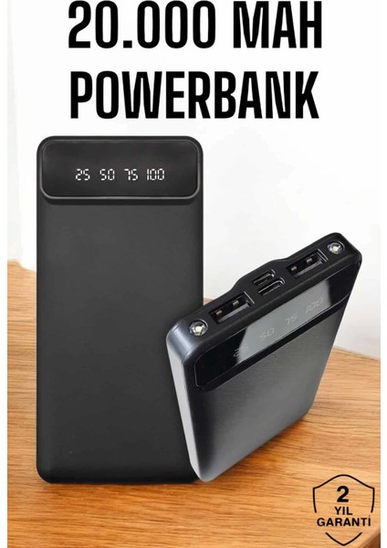 20.000 Mah LED Işıklı LCD Ekran USB Girişli Type-C Lightning Powerbank