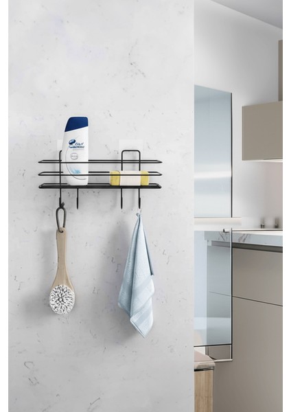 Siyah Yapışkanlı Banyo Rafı Mutfak Rafı Çok Amaçlı Askılı Düzenleyici Organizer Paslanmaz Şampuanlık