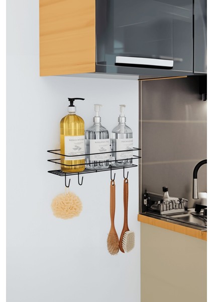 Siyah Yapışkanlı Banyo Rafı Mutfak Rafı Çok Amaçlı Askılı Düzenleyici Organizer Paslanmaz Şampuanlık