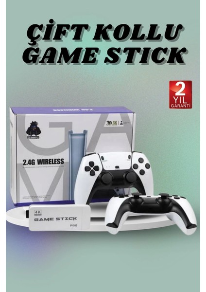 Çift Oyun Kollu 4K Hd Ekran Nostaljik 20.000 Oyunlu Beyaz Game Stick