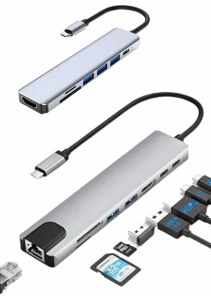 8 Port Çoklayıcı Macbook ile Uyumlu Çoğaltıcı Type-C Dönüştürücü Tf Sd Kart