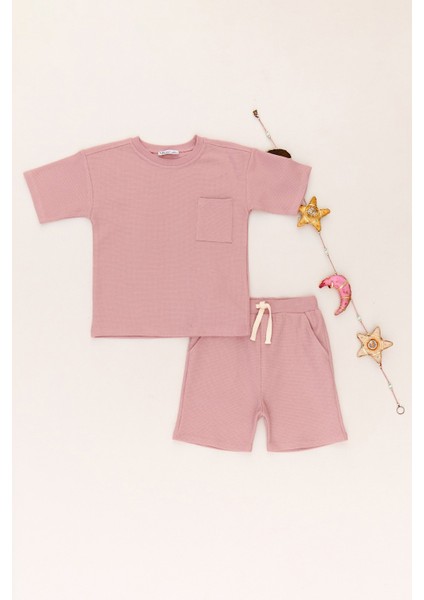 Waffle Kumaş Cepli Şortlu Unisex Çocuk Takım
