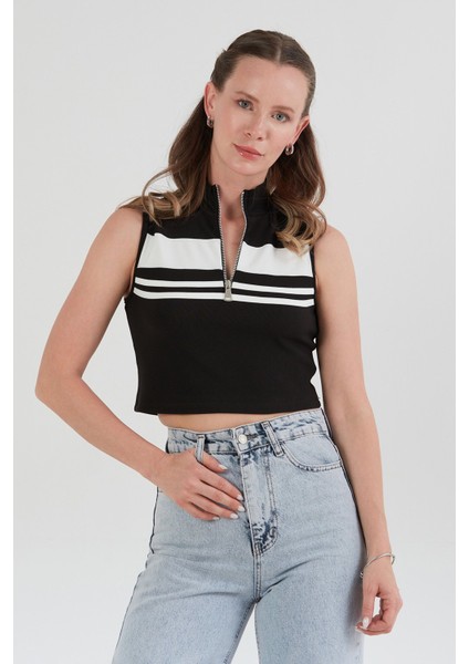 Çizgili Önü Fermuarlı Kolsuz Crop Bluz