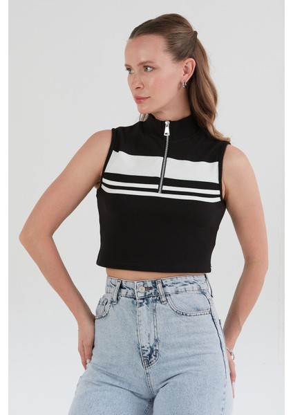 Çizgili Önü Fermuarlı Kolsuz Crop Bluz modelleri