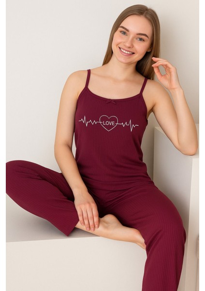 Kadın Ip Askılı Uzun Pijama Takımı Kalpli Desen Bordo Hafif Dublin Kumaş
